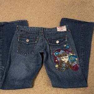 True Religion Dark Blue Boot Cut Jeans with Colorful Floral Portrait Embroidery